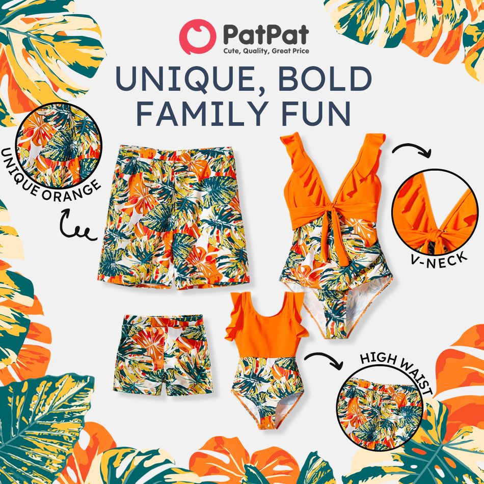 Family Matching Orange and All Over Tropical Plant Print Splicing Ruffle One-Piece Swimsuit and Swim Trunks Shorts Orange big image 2