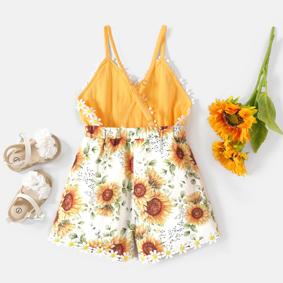 Baby Girl Floral Applique Design Sunflower Print & Solid Spliced Cami Romper Yellow big image 2