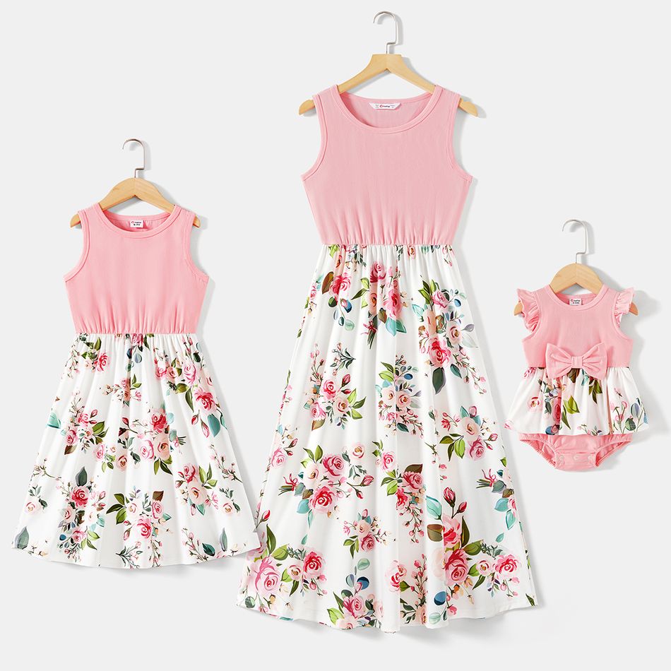 Family Matching 95% Cotton Short-sleeve Colorblock Polo Shirts and Floral Print Naia™ Spliced Tank Dresses Sets Pink big image 2