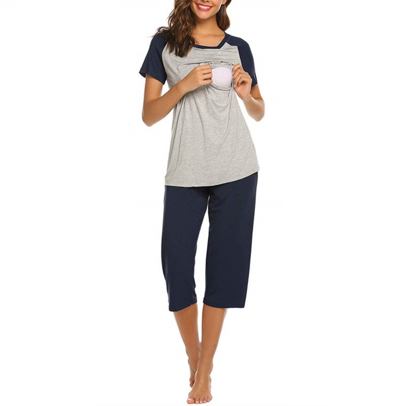 2-piece Pretty Color Block Nursing Pajama Set Dark Blue