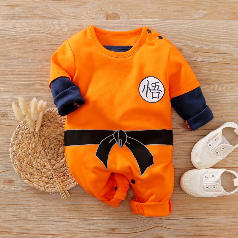 100% Cotton Kungfu Style Color Block Long-sleeve Orange Baby Jumpsuit Orange big image 1