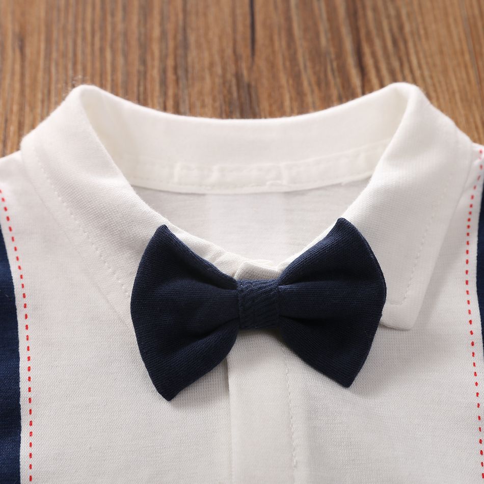 100% Cotton Faux-two Design Bow Tie Decor Short-sleeve Baby Romper White big image 3