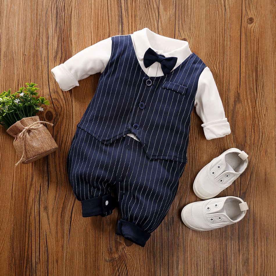 100% Cotton Stripe Print Bow Tie Decor Long-sleeve Baby Jumpsuit Dark Blue