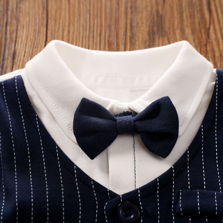 100% Cotton Stripe Print Bow Tie Decor Long-sleeve Baby Jumpsuit Dark Blue big image 4