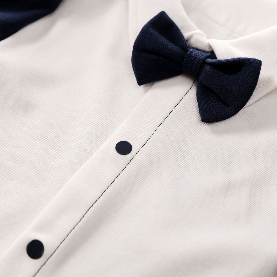 100% Cotton Stripe Print Bow Tie Decor Long-sleeve Baby Jumpsuit Dark Blue big image 4