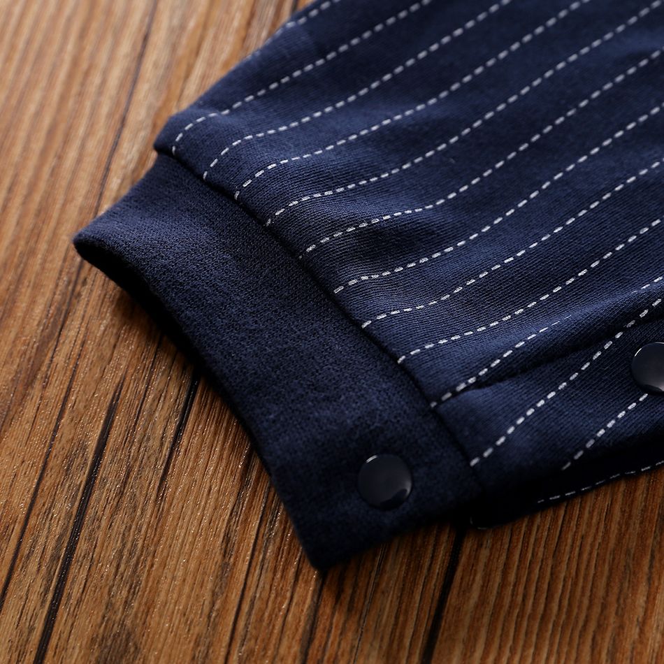 100% Cotton Stripe Print Bow Tie Decor Long-sleeve Baby Jumpsuit Dark Blue big image 7