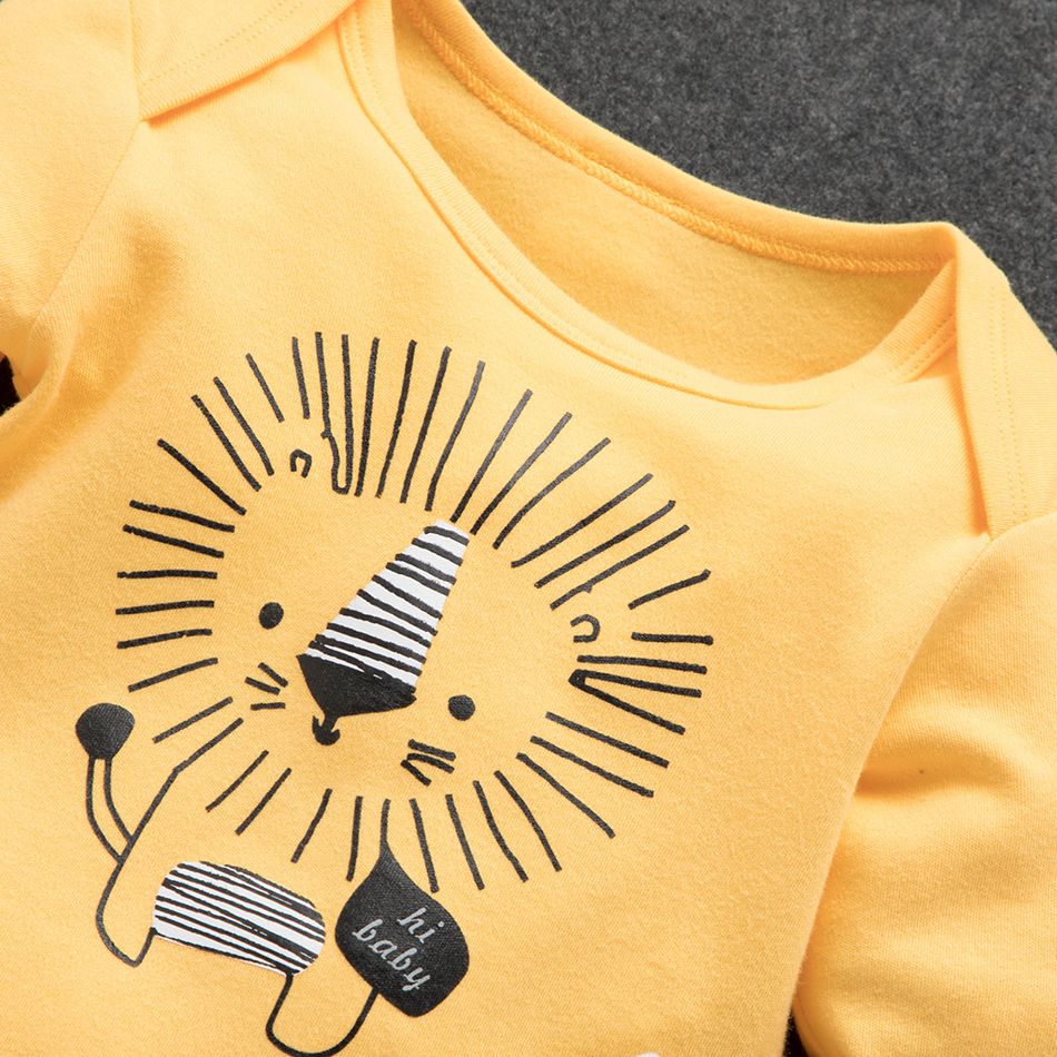 100% Cotton 3pcs Lion Print Long-sleeve Yellow Baby Set Yellow big image 3