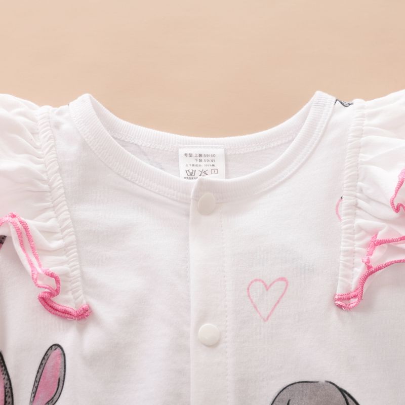 100% Cotton Rabbit Print Footed/footie Long-sleeve Baby Jumpsuit White big image 3