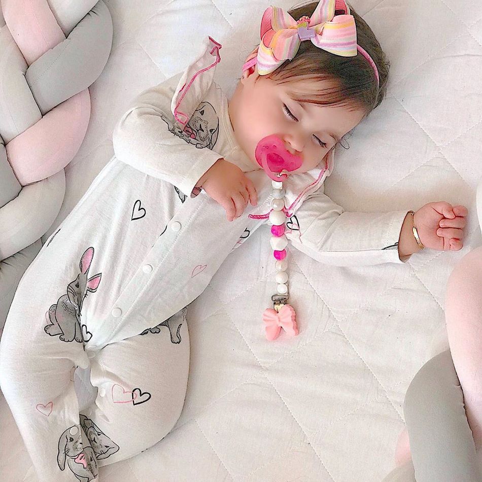 100% Cotton Rabbit Print Footed/footie Long-sleeve Baby Jumpsuit White