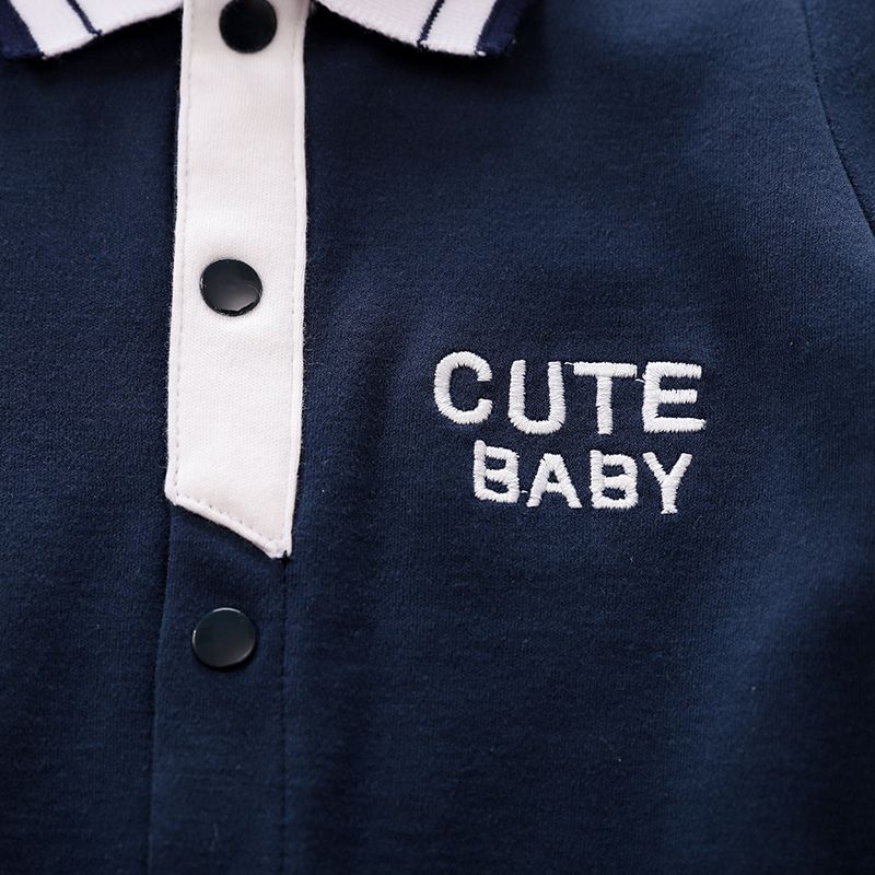 Solid Letter Print Polo Collar Footed/footie Long-sleeve Navy Baby Jumpsuit Dark Blue big image 3