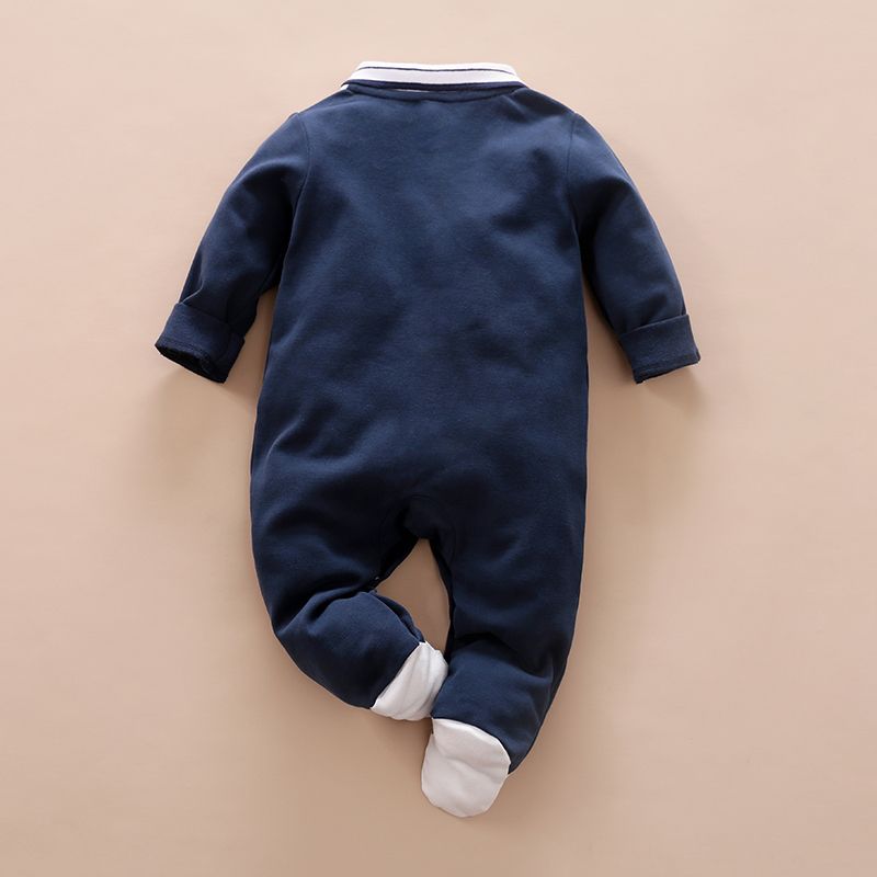 Solid Letter Print Polo Collar Footed/footie Long-sleeve Navy Baby Jumpsuit Dark Blue big image 2