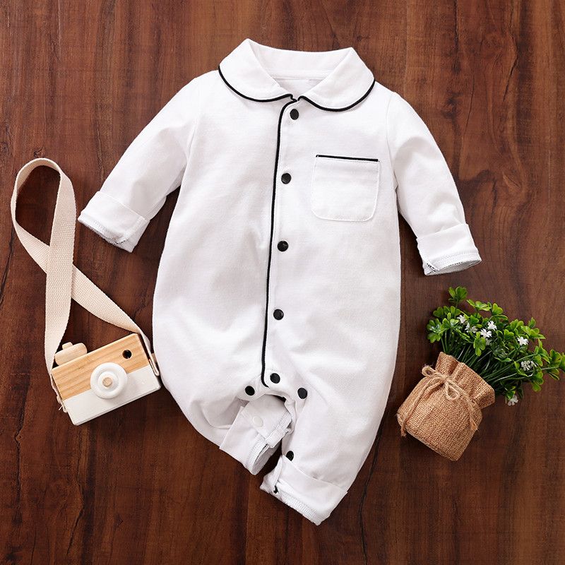 100% Cotton Solid Polo Collar Long-sleeve Baby Jumpsuit White big image 1