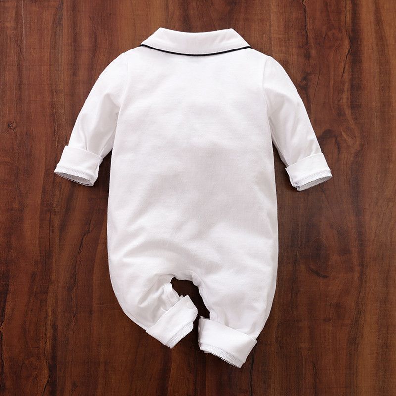 100% Cotton Solid Polo Collar Long-sleeve Baby Jumpsuit White big image 2