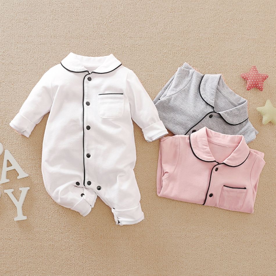 100% Cotton Solid Polo Collar Long-sleeve Baby Jumpsuit White big image 7