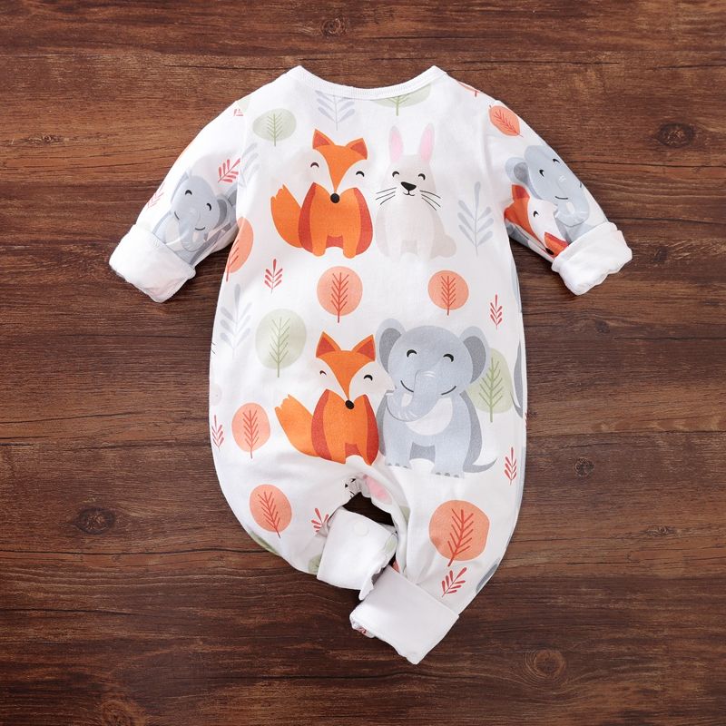 100% Cotton Fox Elephant Rabbit Print Long-sleeve Baby Jumpsuit White big image 2