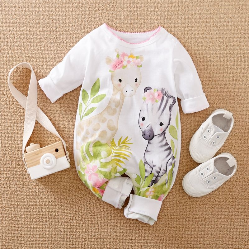 100% Cotton Giraffe Zebra Print Long-sleeve Baby Jumpsuit White