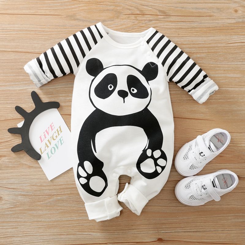 Bebé Unissexo Costuras de tecido Panda Casual Manga comprida Macacão Branco big image 1