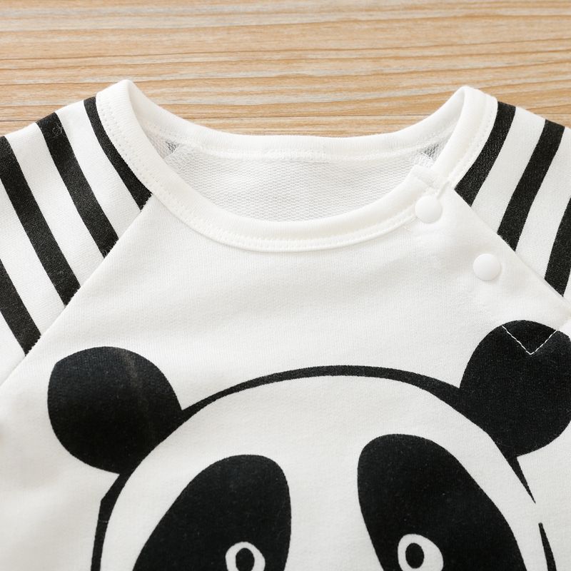 Panda and Stripe Print Long-sleeve White Baby Jumpsuit White big image 2