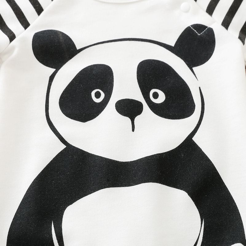 Panda and Stripe Print Long-sleeve White Baby Jumpsuit White big image 3