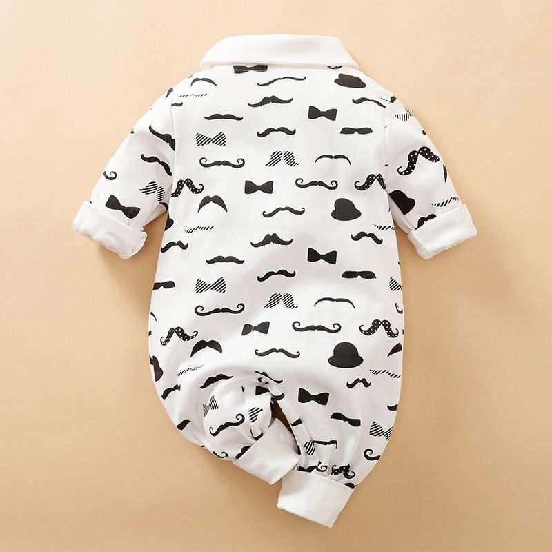 100% Cotton Moustache Pattern Bow Tie Decor Long-sleeve Baby Jumpsuit White big image 2