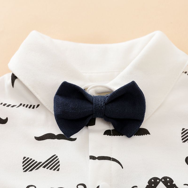 100% Cotton Moustache Pattern Bow Tie Decor Long-sleeve Baby Jumpsuit White big image 3