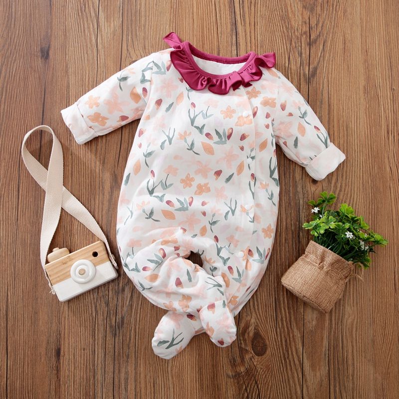 100% Cotton Rabbit and Floral Print White Baby Jumpsuit Multi-color