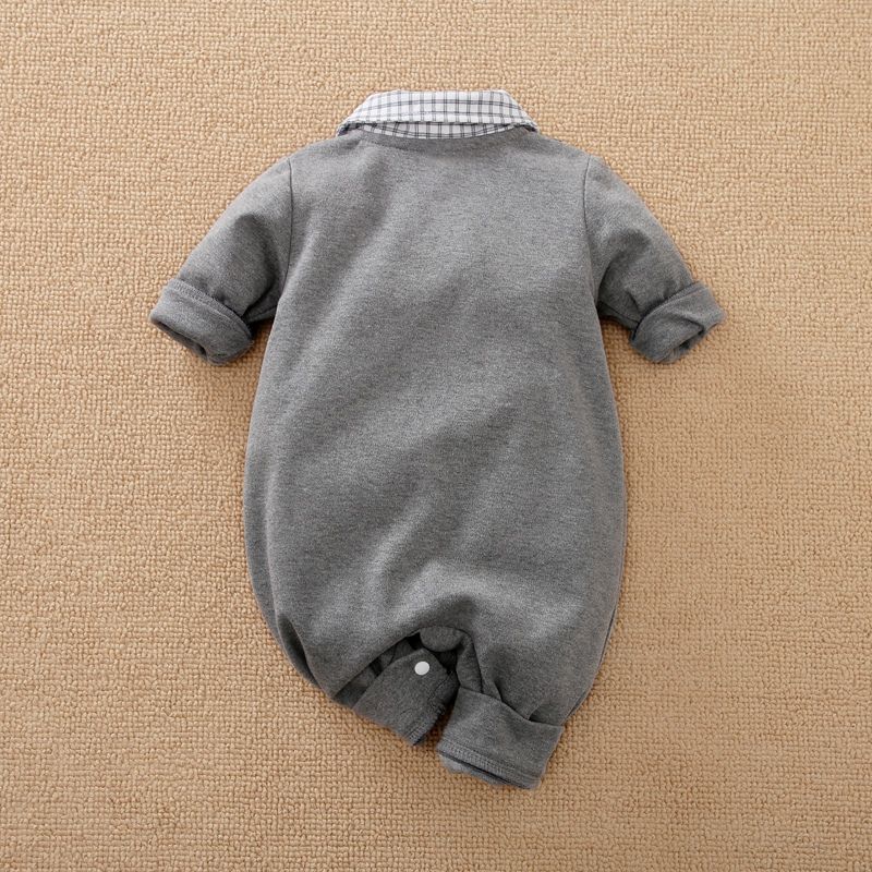 100% Cotton Plaid Lapel Bowtie Long-sleeve Faux-two Baby Jumpsuit Dark Grey big image 3
