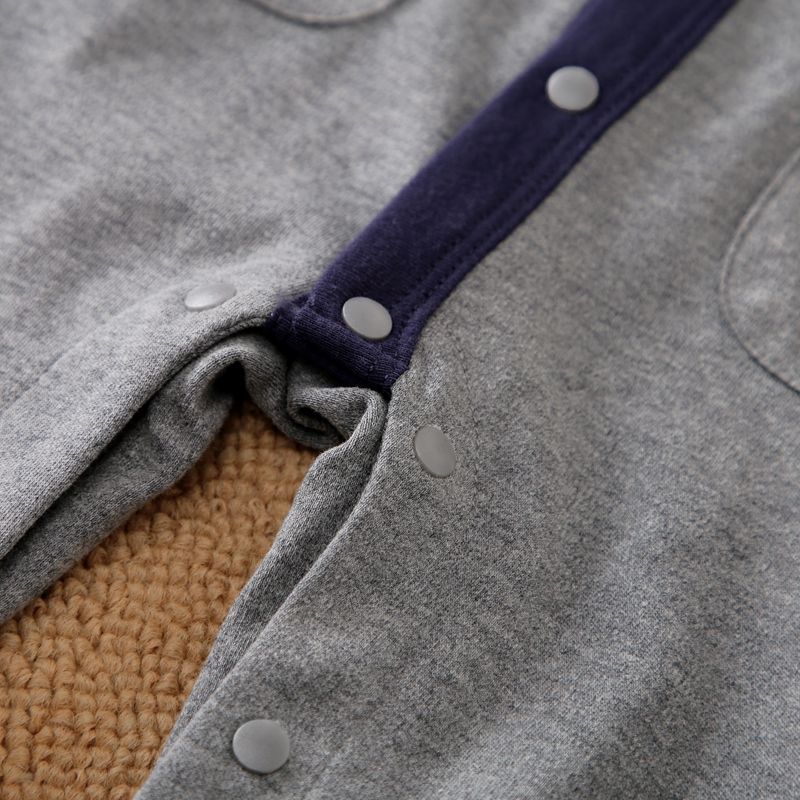 100% Cotton Plaid Lapel Bowtie Long-sleeve Faux-two Baby Jumpsuit Dark Grey big image 7