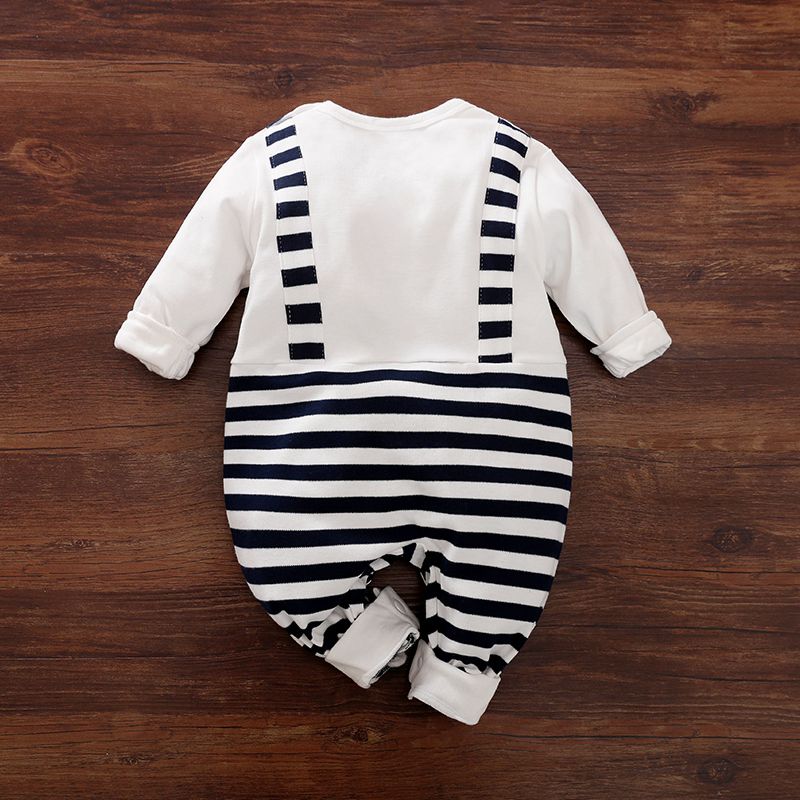 100% Cotton Stripe Print Long-sleeve Baby Navy White Jumpsuit Dark Blue/white big image 3