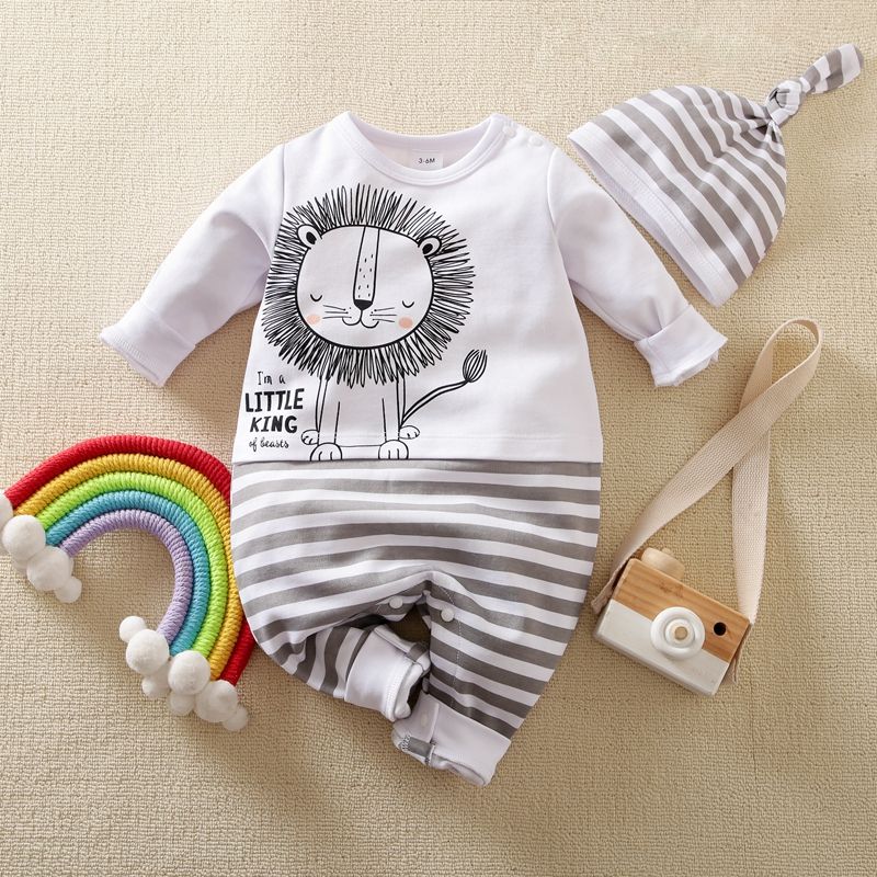2pcs Baby Cartoon Lion and Letter Print Splicing Striped White Long-sleeve Jumpsuit Set White