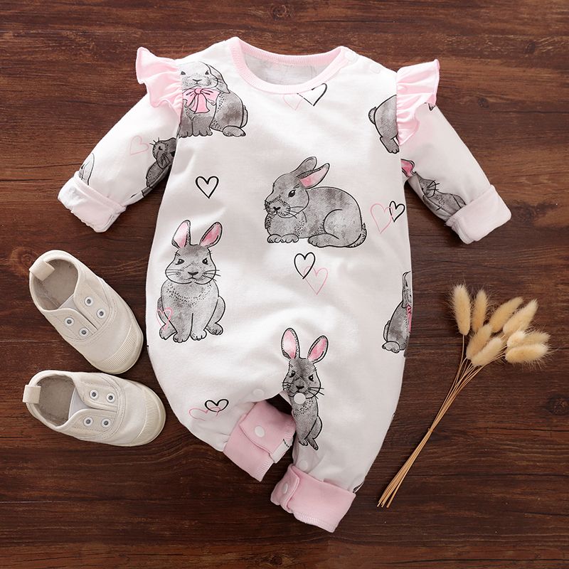 Easter 100% Cotton Baby Girl All Over Cartoon Rabbit Print Pink Ruffle Long-sleeve Jumpsuit Light Pink