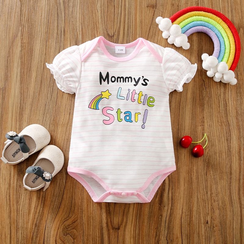 Mother's Day Baby Girl Rainbow and Letter Print Pink Striped Puff-sleeve Romper Pink big image 1