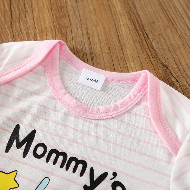 Mother's Day Baby Girl Rainbow and Letter Print Pink Striped Puff-sleeve Romper Pink big image 3