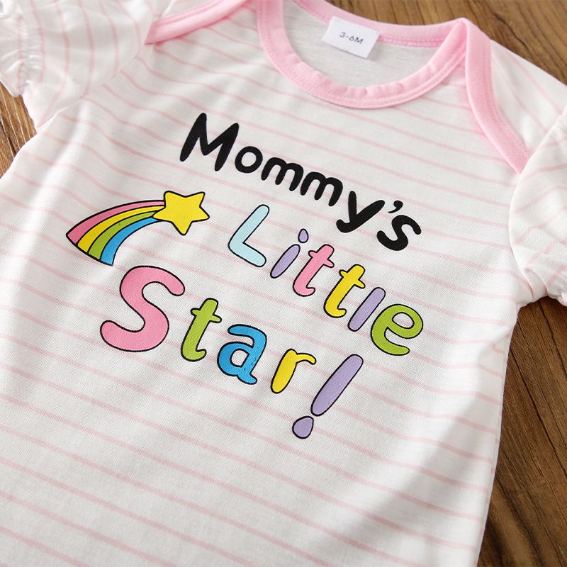 Mother's Day Baby Girl Rainbow and Letter Print Pink Striped Puff-sleeve Romper Pink big image 5
