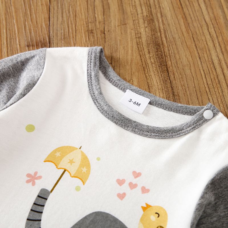 100% Cotton Baby Boy/Girl Cartoon Elephant and Bird Print Long-sleeve Striped Jumpsuit Grey
