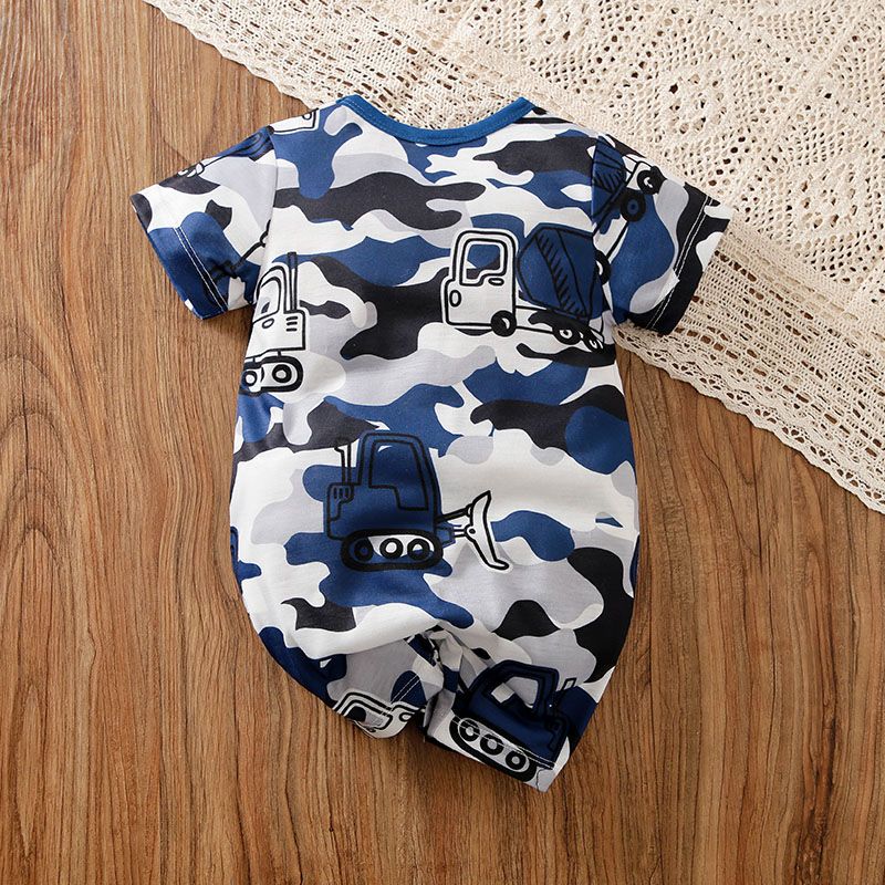 Baby Boy All Over Camouflage Vehicle Print Short-sleeve Romper Bluish Grey big image 3