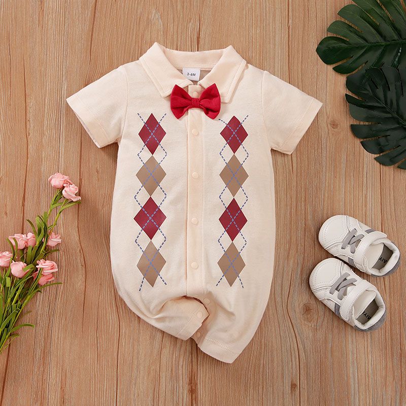 100% Cotton Baby Boy/Girl Preppy Style Argyle Print Bow Tie Short-sleeve Snap Romper Beige