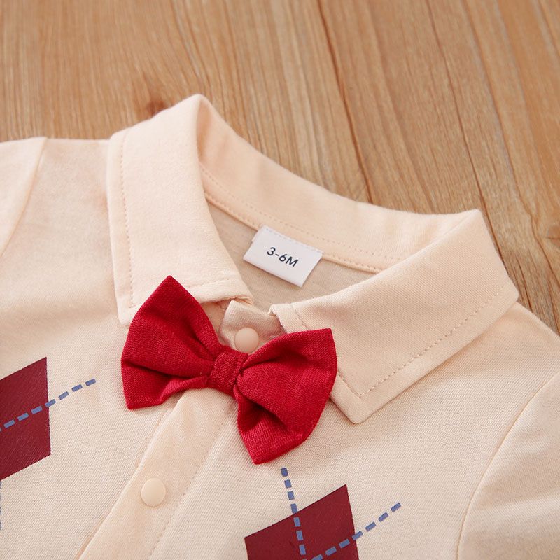 100% Cotton Baby Boy/Girl Preppy Style Argyle Print Bow Tie Short-sleeve Snap Romper Beige big image 4