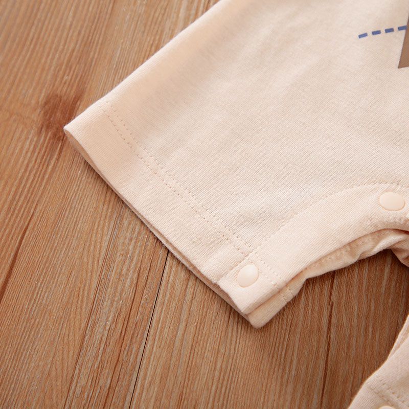 100% Cotton Baby Boy/Girl Preppy Style Argyle Print Bow Tie Short-sleeve Snap Romper Beige