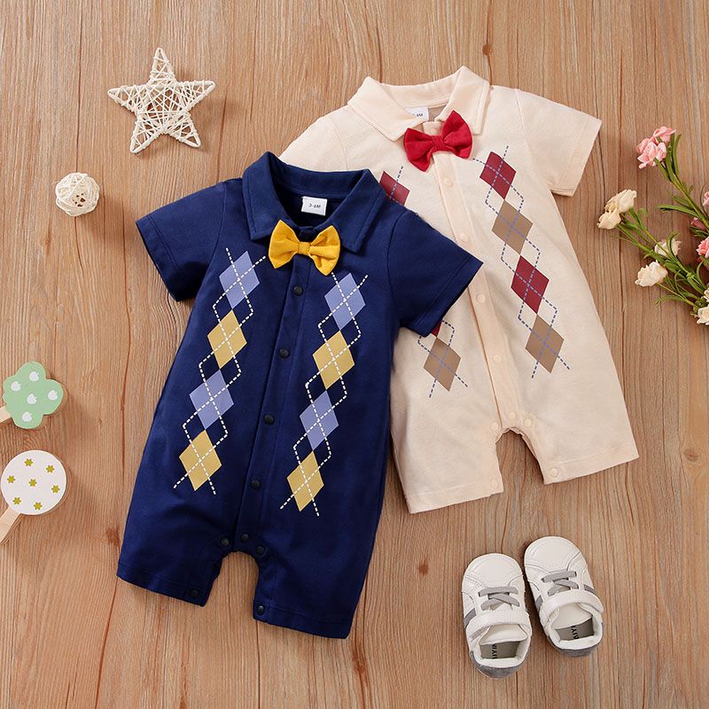 100% Cotton Baby Boy/Girl Preppy Style Argyle Print Bow Tie Short-sleeve Snap Romper Beige big image 2