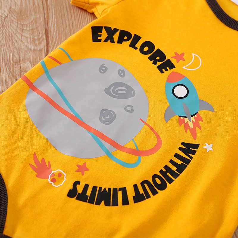 100% Cotton 2pcs Baby Boy/Girl Outer Space and Letter Print Short-sleeve Romper with Solid Shorts Set Yellow big image 6