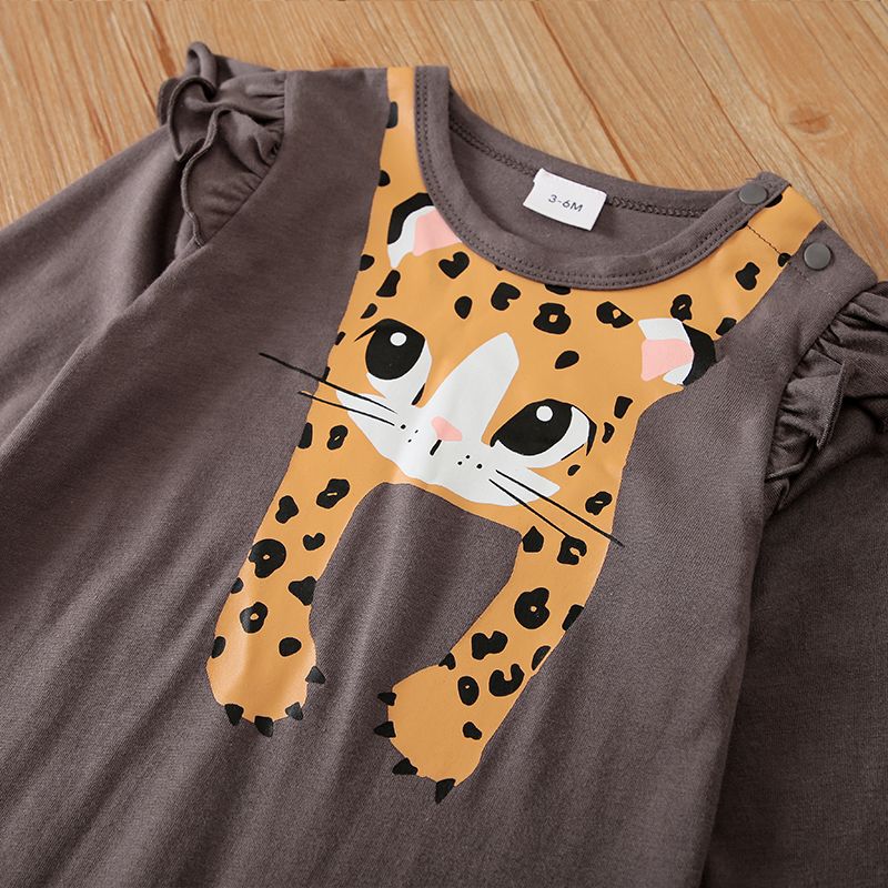 100% Cotton Baby Girl Leopard Print Ruffle Long-sleeve Jumpsuit Dark Grey