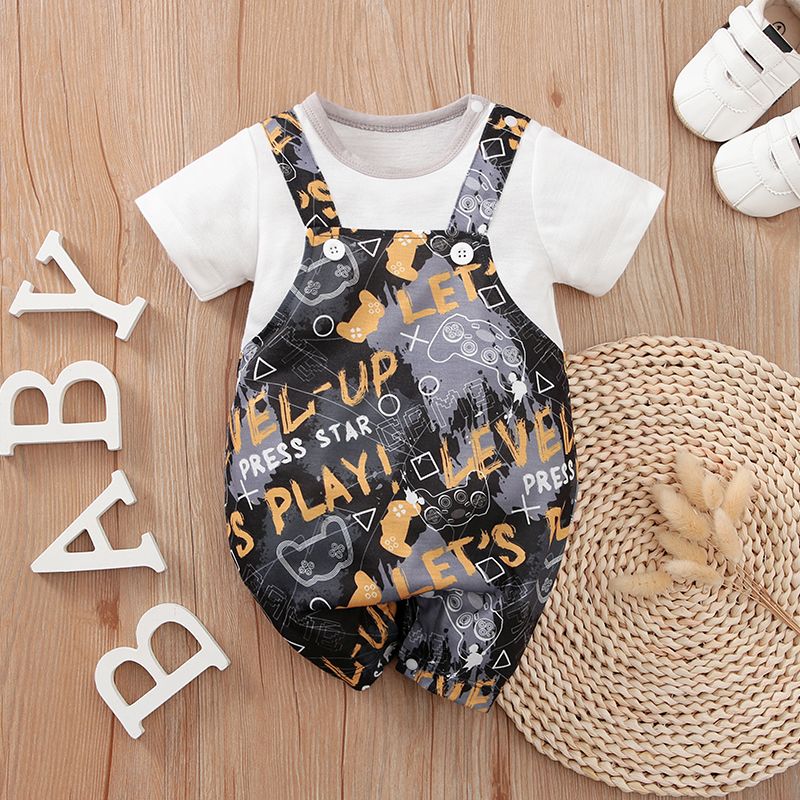 Baby Boy/Girl Allover Gamepad and Letter Print Faux-two Short-sleeve Romper Dark Grey