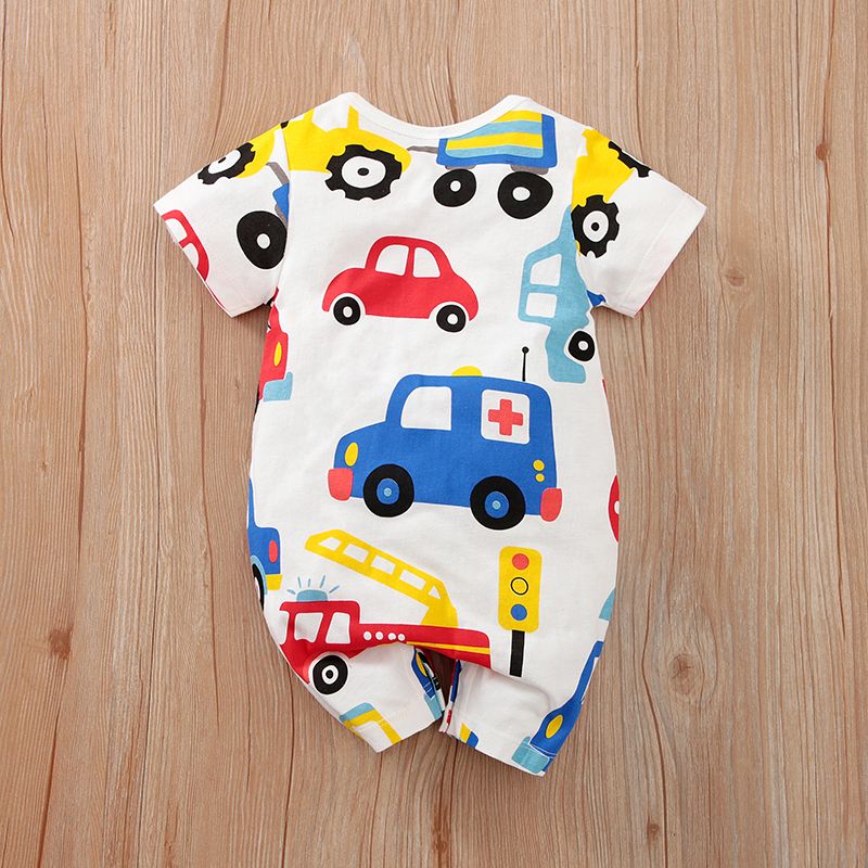 100% Cotton Baby Boy Allover Cartoon Car Print Short-sleeve Romper White
