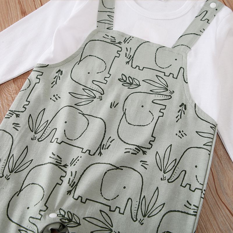 100% Cotton Baby Boy/Girl All Over Cartoon Elephant Print Faux-two Long-sleeve Jumpsuit Light Green big image 3