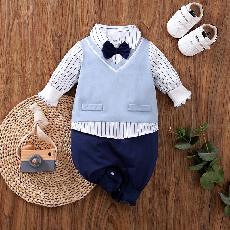 100% Cotton Baby Boy Gentleman Bow Tie Striped Long-sleeve Faux-Two Jumpsuit Light Blue