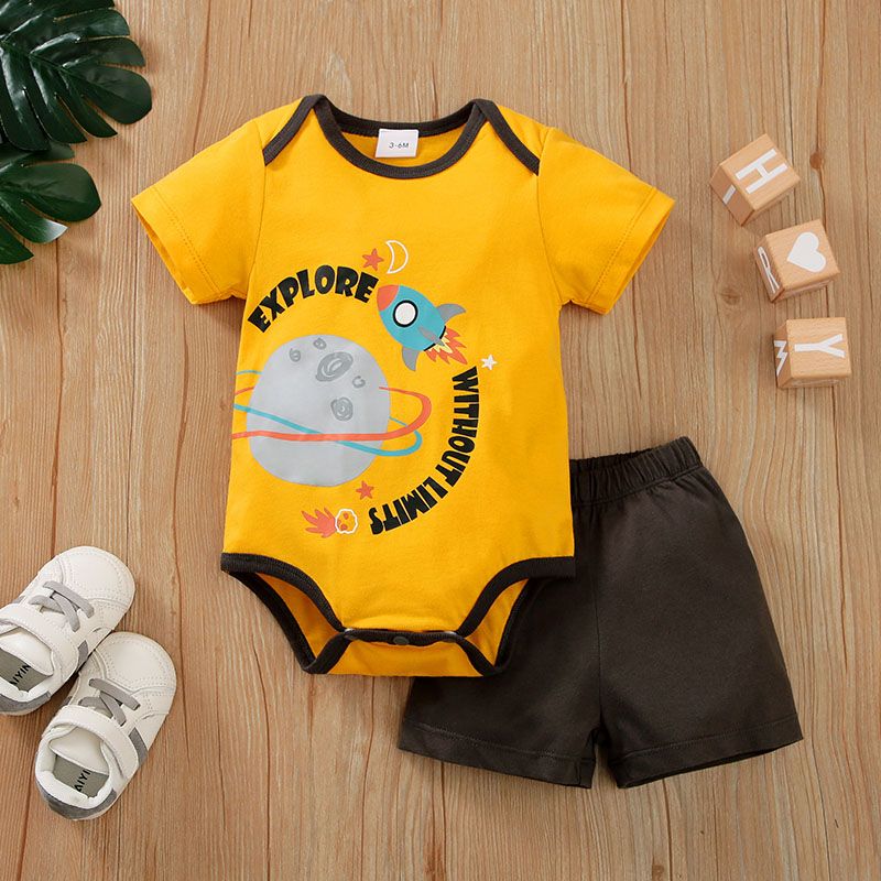100% Cotton 2pcs Baby Boy/Girl Outer Space and Letter Print Short-sleeve Romper with Solid Shorts Set Yellow big image 1