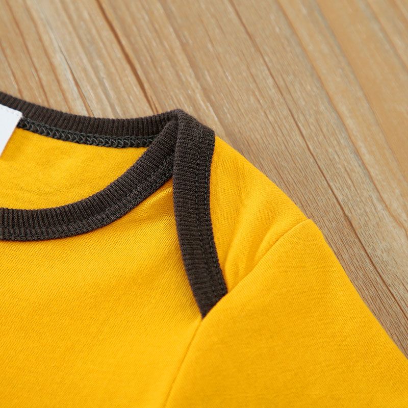100% Cotton 2pcs Baby Boy/Girl Outer Space and Letter Print Short-sleeve Romper with Solid Shorts Set Yellow big image 3