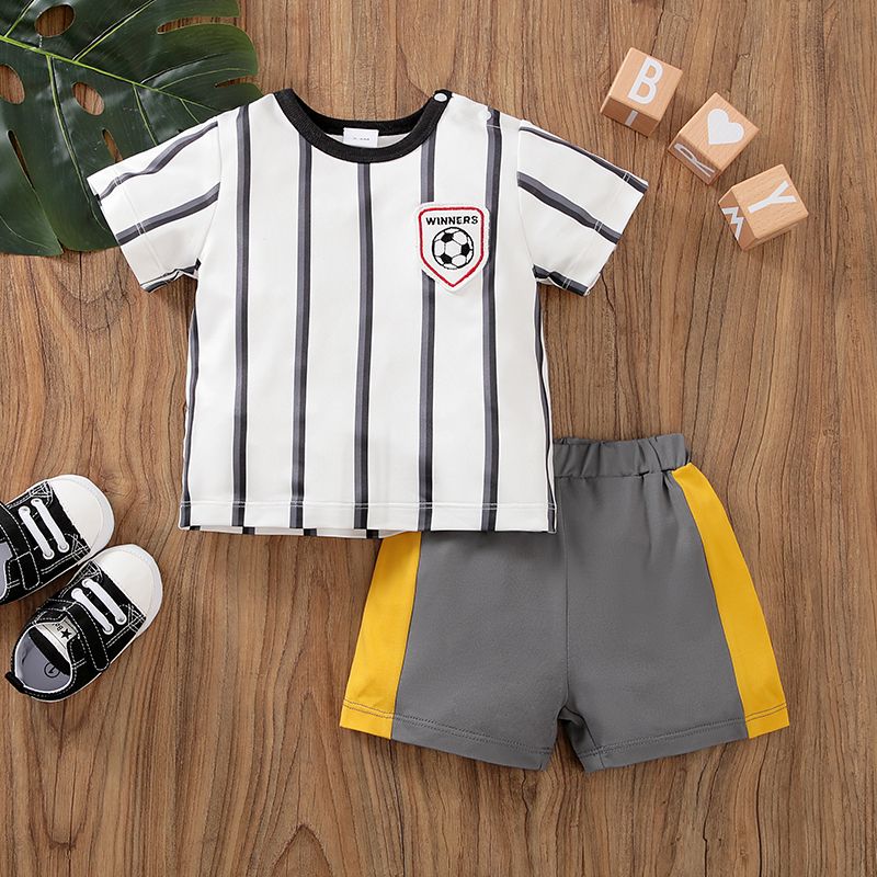 2pcs Baby Boy Soccer Patch Decor Striped Short-sleeve T-shirt and Colorblock Shorts Set Grey big image 1