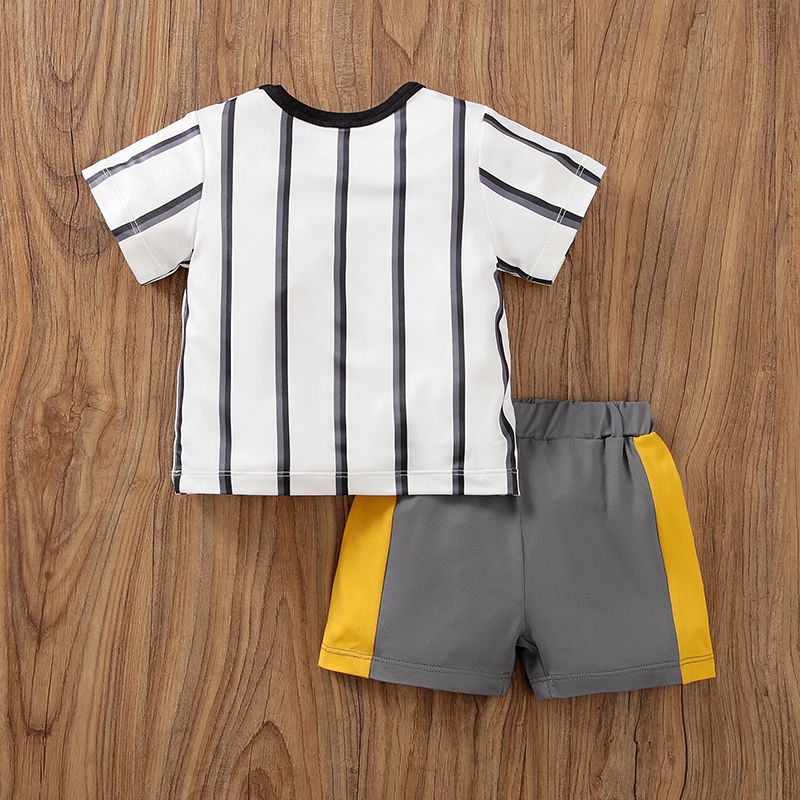 2pcs Baby Boy Soccer Patch Decor Striped Short-sleeve T-shirt and Colorblock Shorts Set Grey big image 2